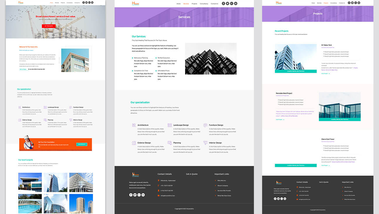 Hicareinfra website page layouts collection